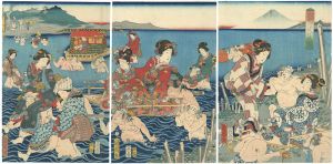 Kunichika / Ferrying passengers across the Oi River [大井川徒行渡図]
