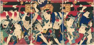 Kunichika / Tatooed Kabuki Actors Carrying a Mikoshi Shrine in Festival [肌錦勇祭礼]
