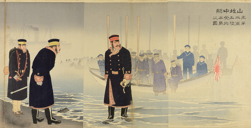 清親「山地中将第二軍率金州半島上陸之図」