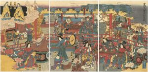 芳員「萬歳楽大金入蔵　（大江忠兵衛の生人形を通覧する図）」