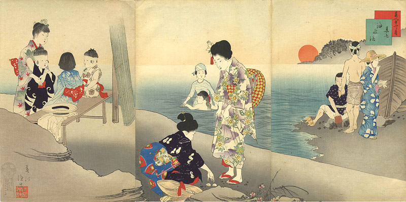 春汀「美人十二ヶ月　其七　海水浴」