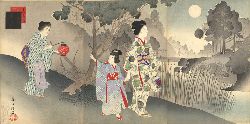 春汀「美人十二ヶ月　其八　名月」