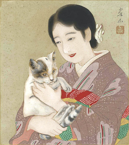 三木翠山「自筆色紙　猫と女性」