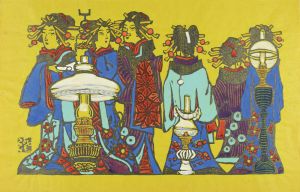 川上澄生「遊女と洋燈」