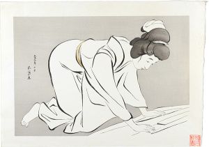 橋口五葉「着物をたたむ女」