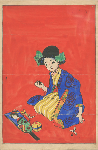 Ota Saburo “自筆画　少女と羽子板”