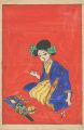 自筆画　少女と羽子板