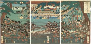右大将頼朝公一の谷に楯篭る平家を攻落さんと範頼義経を両将と定めて長短の槍をもって手練の駈引を上覧の図