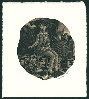 Wakuta Toshiyuki “Ex Libris / Girl on chair V (Cat & Girl)”