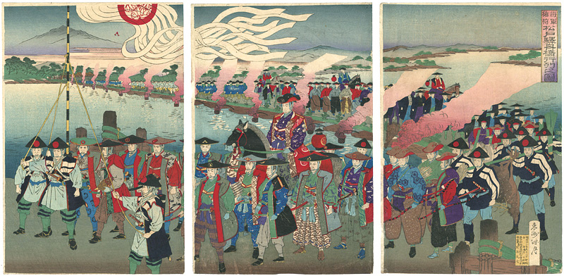 勝月「将軍猪狩　松戸駅舟橋行列之図」