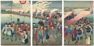 勝月「将軍猪狩　松戸駅舟橋行列之図」