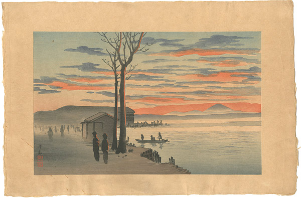清親「本所富士見の渡し 百本杭の夕富士」