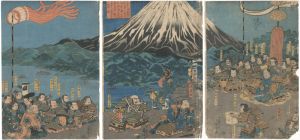 国芳「治承四年源頼朝公我兵を揚げ駿州浮嶋ヶ原に陣を居られし時舎弟義経民等を召集し欧州に到着あり土肥実平を■■対面の図」