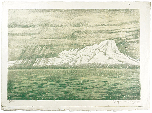 織田一磨「日本名山画譜　第一輯　第二図　島根半島からみた雪の大山（地蔵ヶ崎より遠望）」