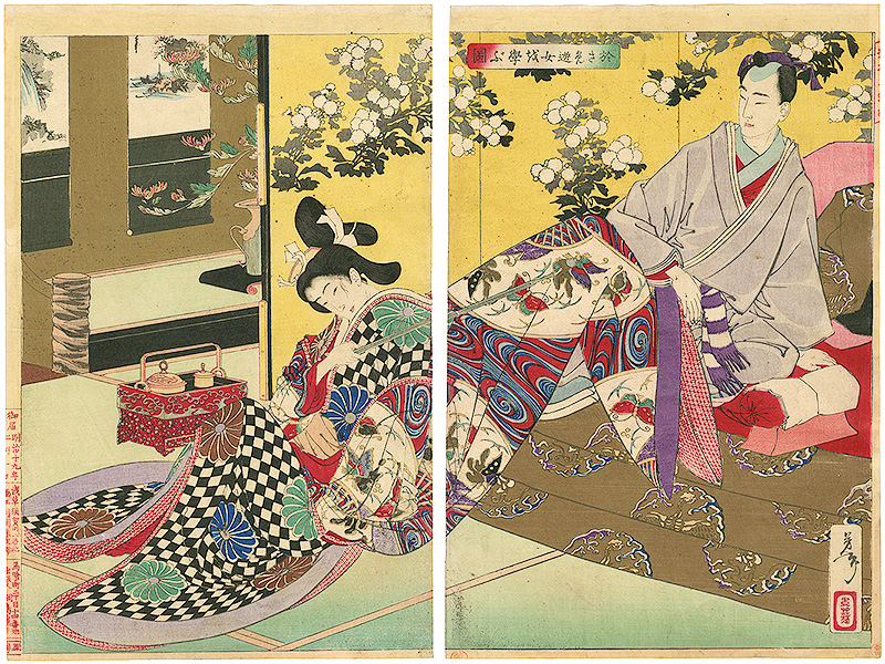 Yoshitoshi “A New Selection of Eastern Brocade Prints / The Shogun Tsunayoshi Teaches Osame to be a Courtesan”