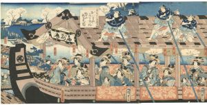 国貞二代「新よし原仮宅おハ里や彦太郎□抱女花見図」
