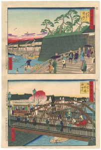 広重三代「古今東京名所　（古）浅草見付より柳橋の景（今）浅草の釣橋神田川 」
