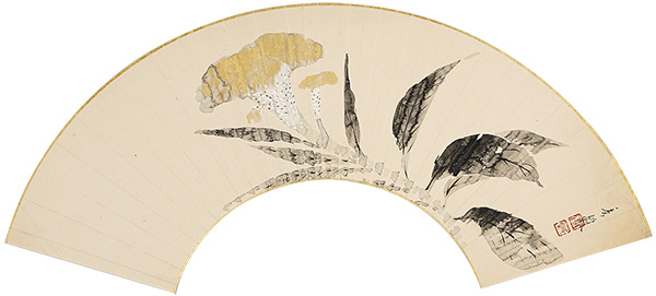 細合秀穀「自筆扇面絵　鶏頭」