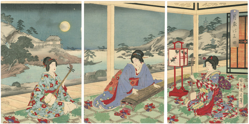 Chikanobu “Playing Sankyoku Music on an Autumn Moonlit Night”