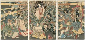 Toyokuni III / Origin of Iwato Kagura Dance ; Japanese Sun Goddess Amaterasu Emerging from a Cave [岩戸神楽ノ起顕]