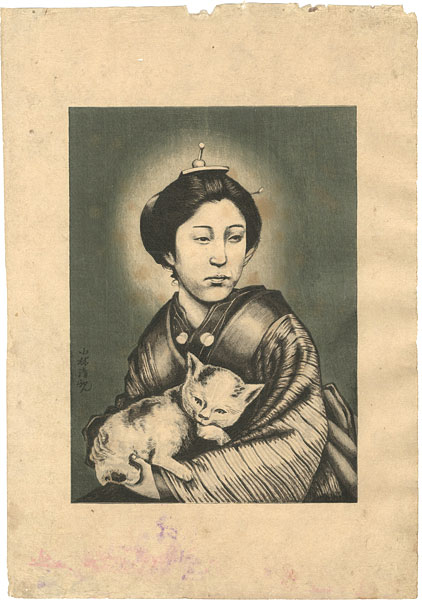 清親「猫を抱く女（仮題）」