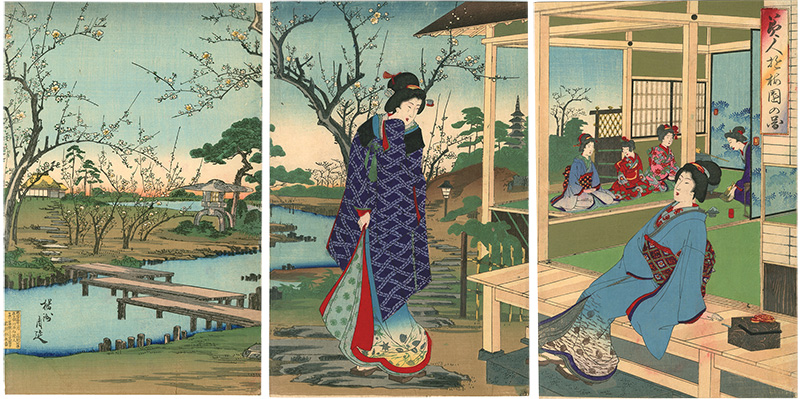 周延「美人遊梅園の図」