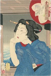 Yoshitoshi / Thirty-two Aspects of Women / Looking Cool : The Appearance of a Geisha in the Fifth or Sixth Year of Meiji [風俗三十二相　すずしさう　明治五六年以来　芸妓の風俗]