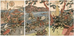 Kunisada I / In the Battle of the Seventh Day of the Second Month, 1184, the Heike Clan Are Defeated and Flee to Yashima in Sanuki Province [元暦元年二月七日合戦平家討破讃州ハ嶋落ノ図]