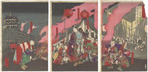年甲「豊臣勲功記　木下須股城ヲ一夜ニ建築之図」