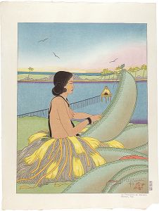 Paul Jacoulet / La Tresseuse de Paniers Remoue , Yap