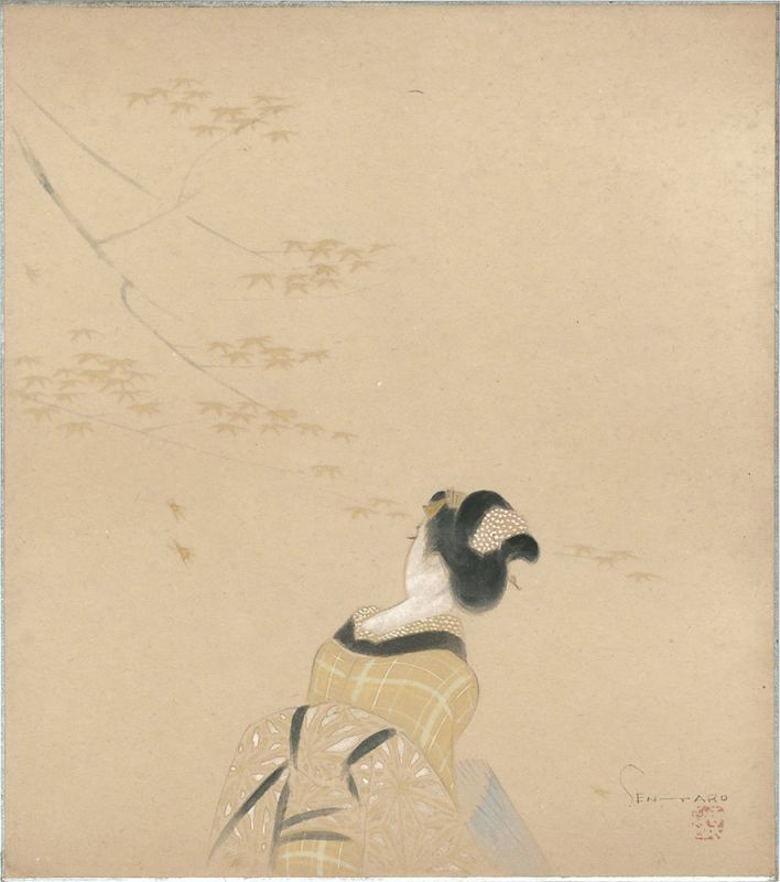 岩田専太郎「自筆色紙 紅葉（仮題）」