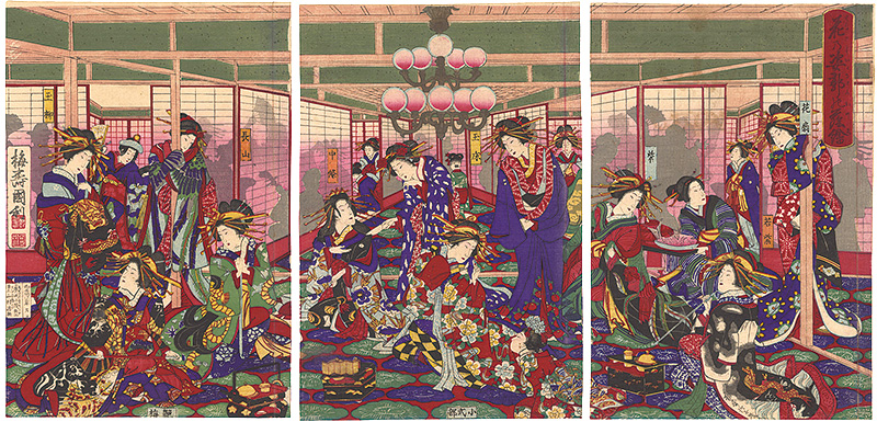 Kunitoshi “Beautiful Courtesans with Figures in Silhouette”