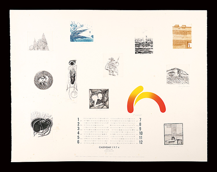 Nomiyama Gyoji, Tamura Fumio, Komai Tetsuro, Oyamatsu Takashi, Komatsuzaki Kunio, Ono Tadashige, Fukuoka Yasuhiko, Nakabayashi Churyo, Hara Takeshi, Kurata Tetsu, Azumaya Takemi, Yoshida Katsuhiko “Tokyo University of the Arts original prints calender 1974”