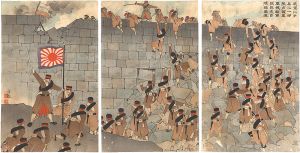 Kiyochika / Japanese Troops Climbing the Wall of Phoenix Castle in China [我軍以歩兵之一部隊占領鳳凰城敵軍臨敗走自焼弾薬庫]