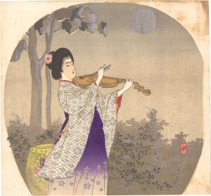 坂田耕雪「団扇絵　バイオリンを弾く女」