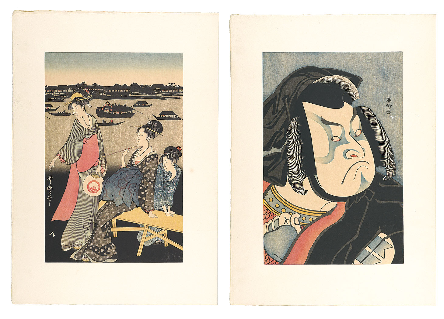 Utamaro, Shunko “IIlumination at Ryogoku,Part Ⅰ（set in 3) / Kumadori, Make-up of a Kabuki Actor【Reproduction】”