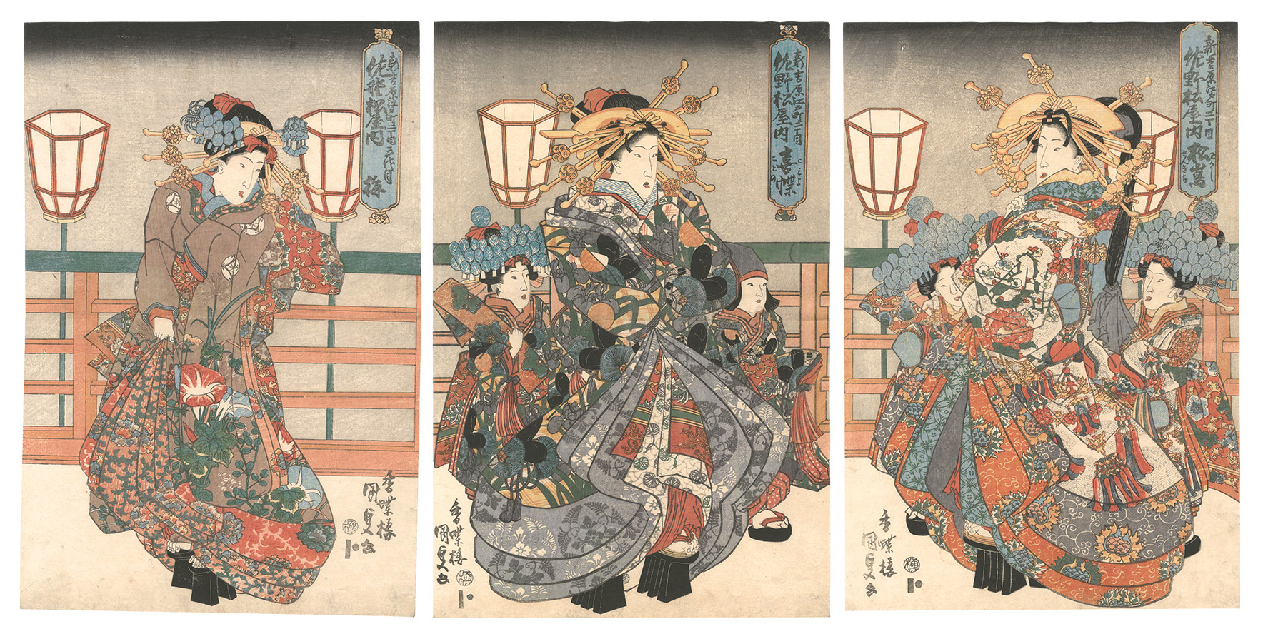 Kunisada I “Courtesans of the Sanomatsuya, in Edo-machi Nichome in the New Yoshiwara: Matsushima, Ume III and Kicho”