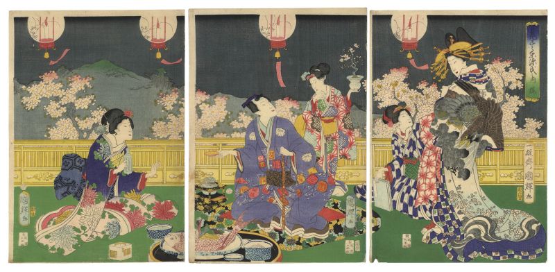 国輝二代「花尽東源氏之内　桜」