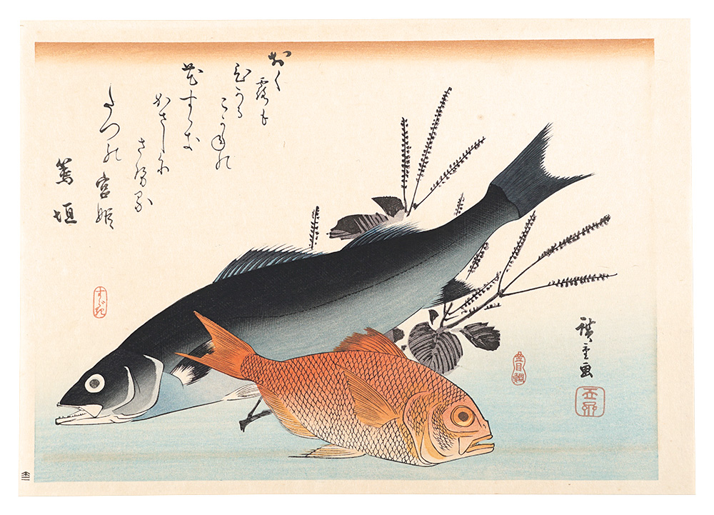 広重初代「魚づくし　すずき・金目鯛にしそ【復刻版】」