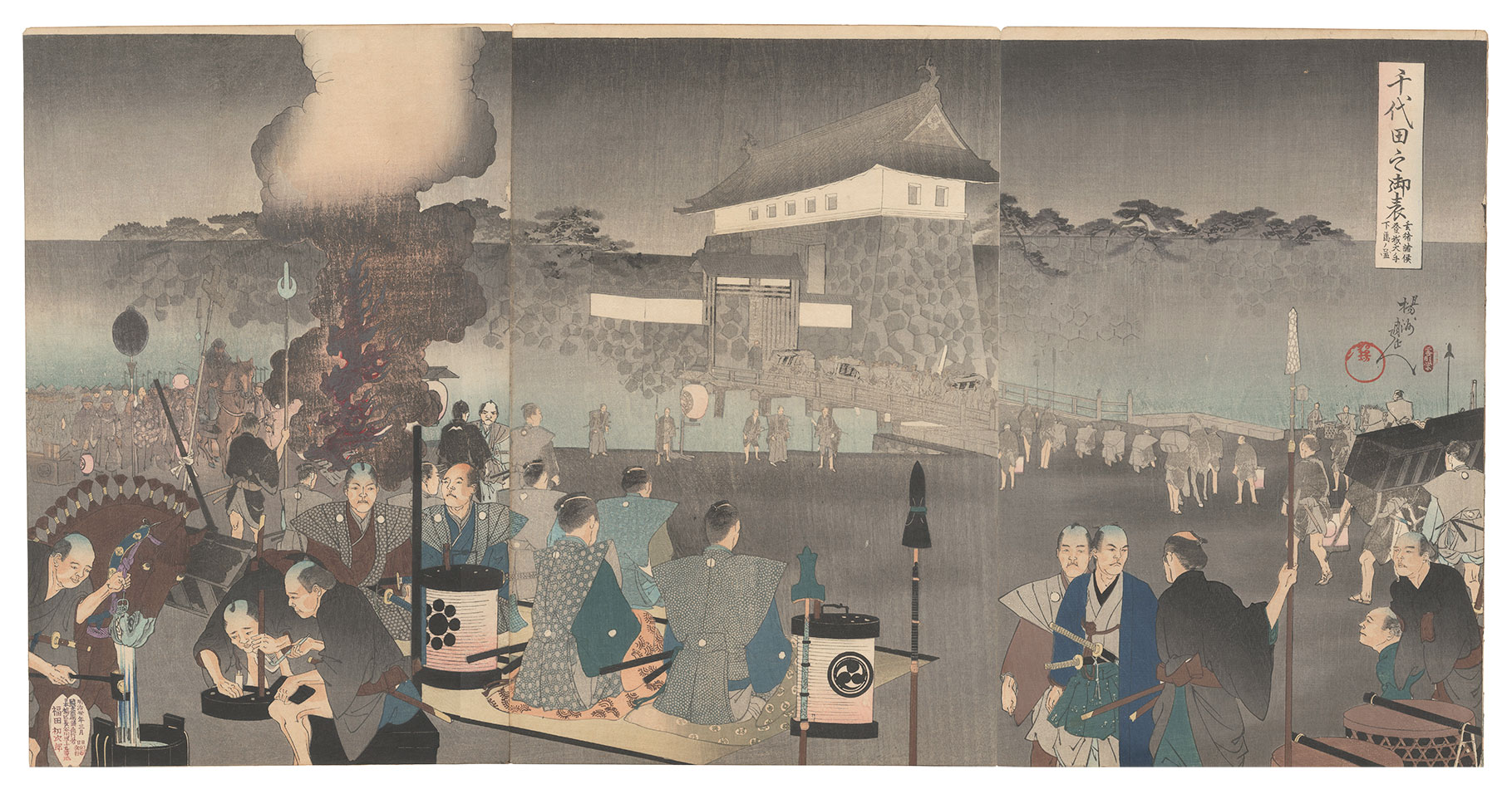 Chikanobu “Chiyoda Outer Palace / Daimyo Alighting at the Otemon Gate to Visit the Castle on the Day of the Boar in the Tenth Month”