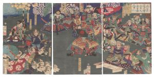 芳年「真柴久吉武智主従之首実検之図」