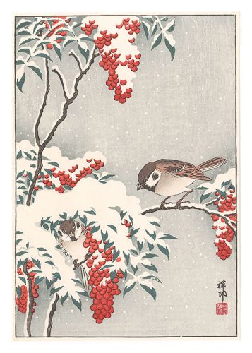Ohara Koson(Shoson) “Nanten Bush and Sparrows in Snow (tentative title)”