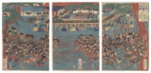 右大将頼朝公一の谷に楯篭る平家を攻落さんと範頼義経を両将と定めて長短の鎗をもつて手練の駈引を上覧の図　／　芳艶