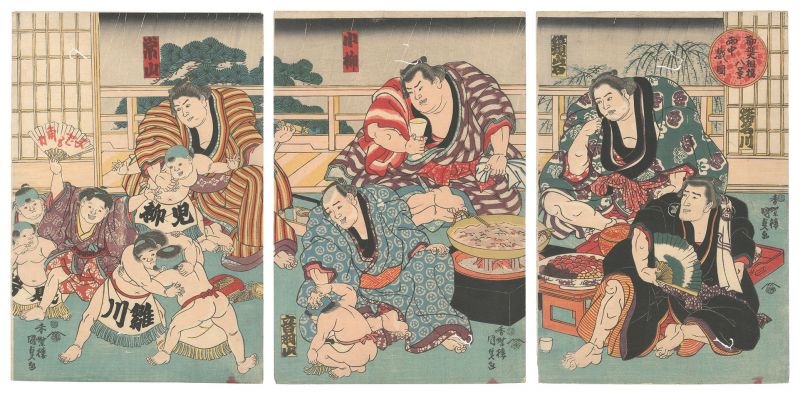 Kunisada I “Eight Views of Fund-raising Sumo Tournament / Amusements in the Rain”