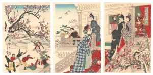 Children Playing in the Snow under Plum Trees in Bloom / Chikanobu