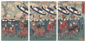 Procession under Cherry Blossoms by Mayuzumi of the Sanotsuchiya at Edo-cho Nichome in the New Yoshiwara / Yoshiiku