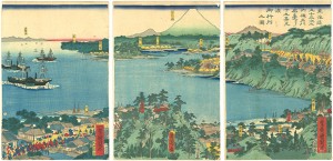 東海道五十三次之内　神奈川宿台ヨリ十五景見渡御行列之図 ／ 国周